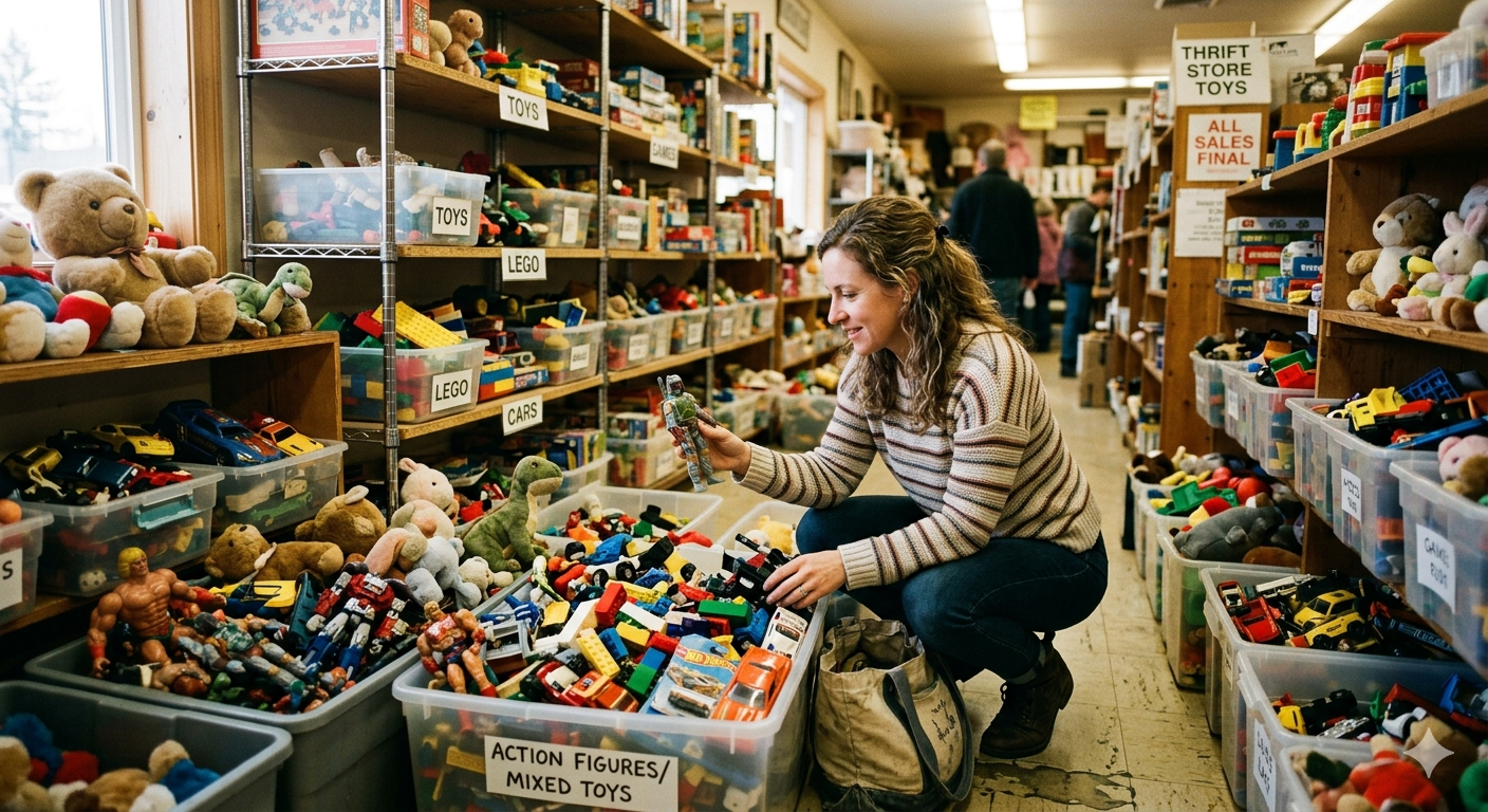 A reseller digging through action figures and vintage toys in a thrift store bin