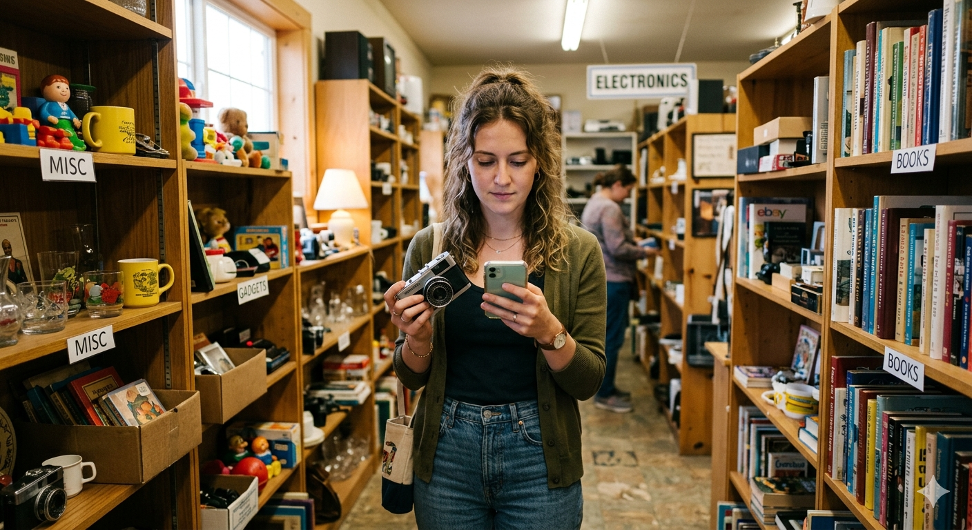 A reseller scanning a vintage camera with Flip n Profit in a thrift store aisle